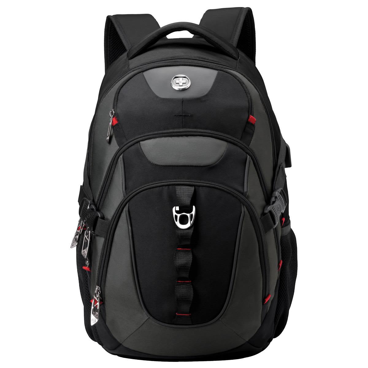 A black and grey Swissdigital Vector Backpack with several compartments and a logo on the front.