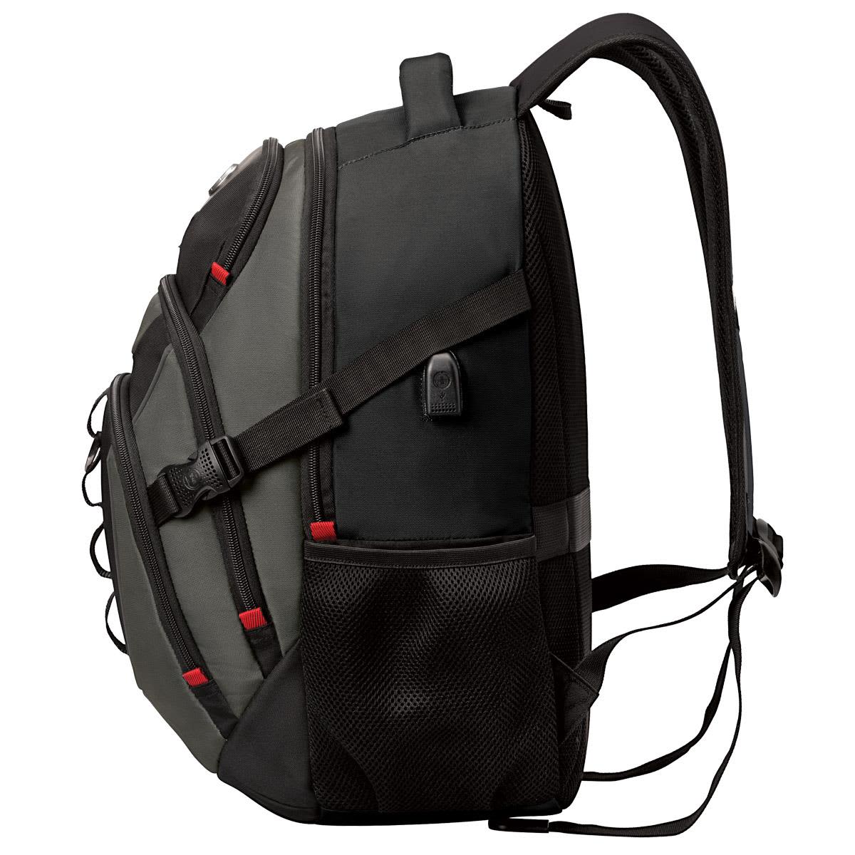 A laptop backpack in grey and black with multiple compartments and adjustable straps. Features a side pocket and logo.