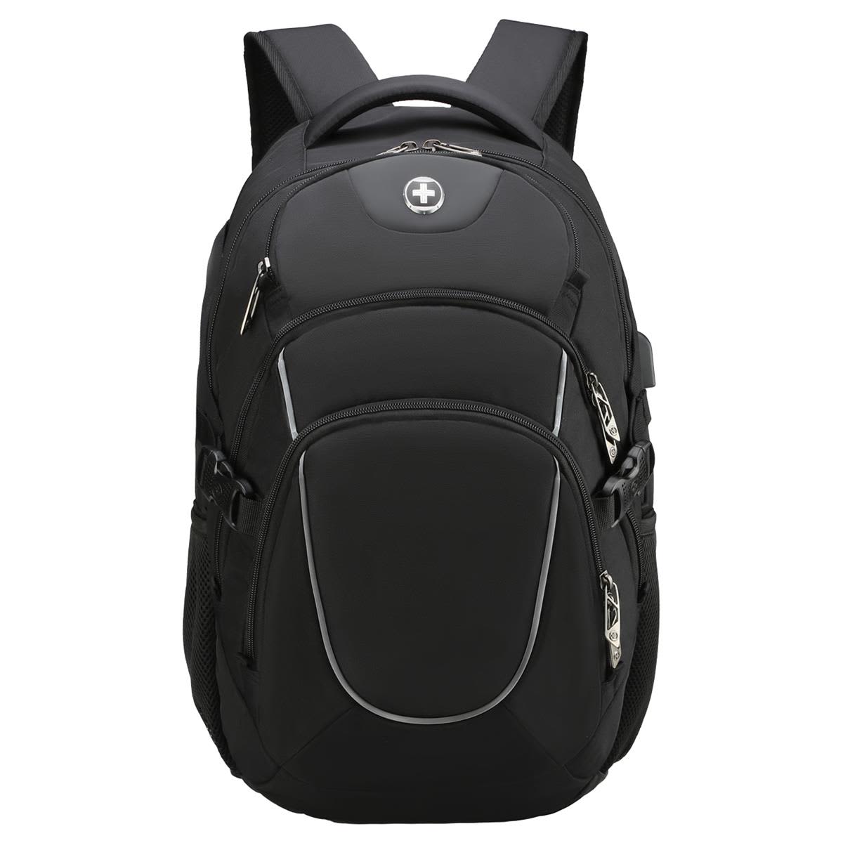 A black backpack featuring multiple compartments, zippers, and a logo on the front.