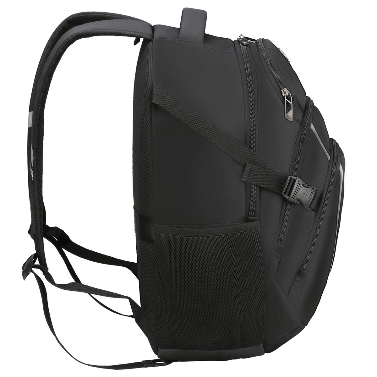 A black Swissdigital Stealth Vector Backpack with adjustable straps and multiple compartments, featuring a mesh side pocket.