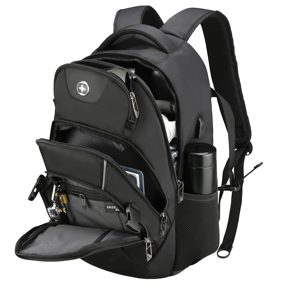 A black Swissdigital Stealth Vector Backpack with multiple compartments and a drink bottle holder. Features a logo.