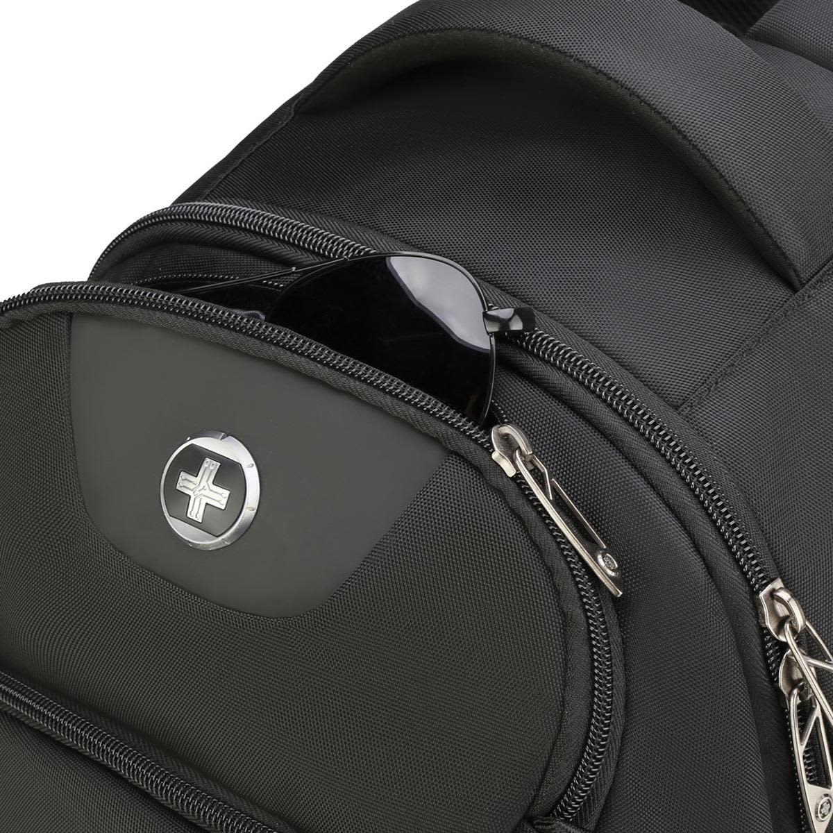 A black backpack with a zippered pocket holding a pair of sunglasses, featuring a logo.