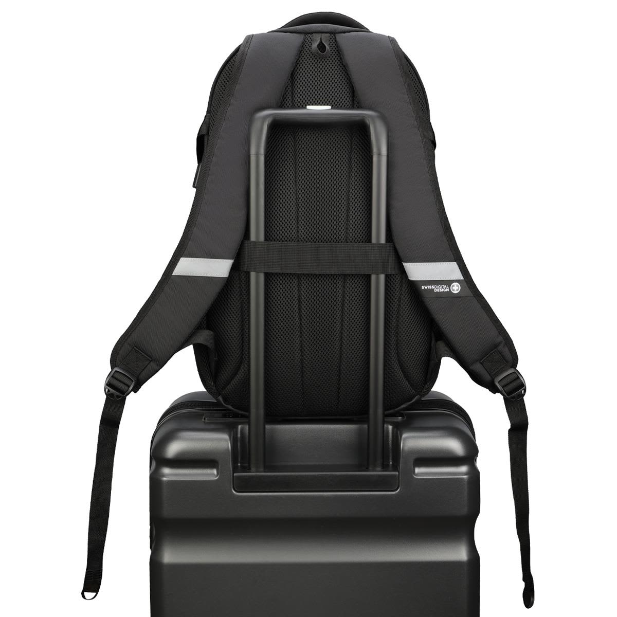 A black backpack displayed on top of a suitcase, featuring adjustable straps and a structured design.