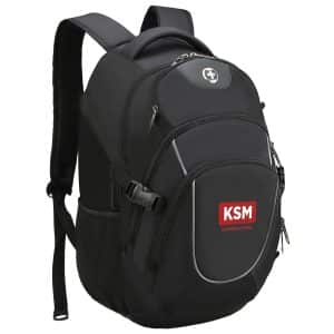A black Swissdigital Stealth Vector Backpack with multiple compartments and a logo. Features padded shoulder straps.