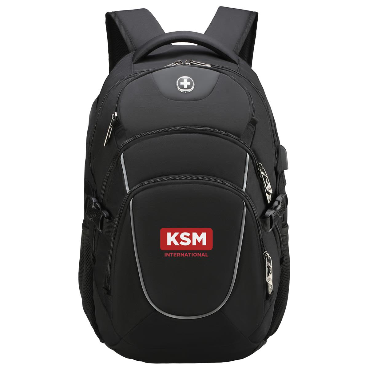 A black backpack with multiple compartments, featuring a logo and padded straps for comfort.