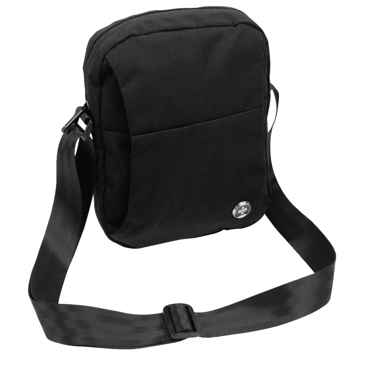 A black shoulder bag with a single adjustable strap and a front pocket. It features a logo on the front.