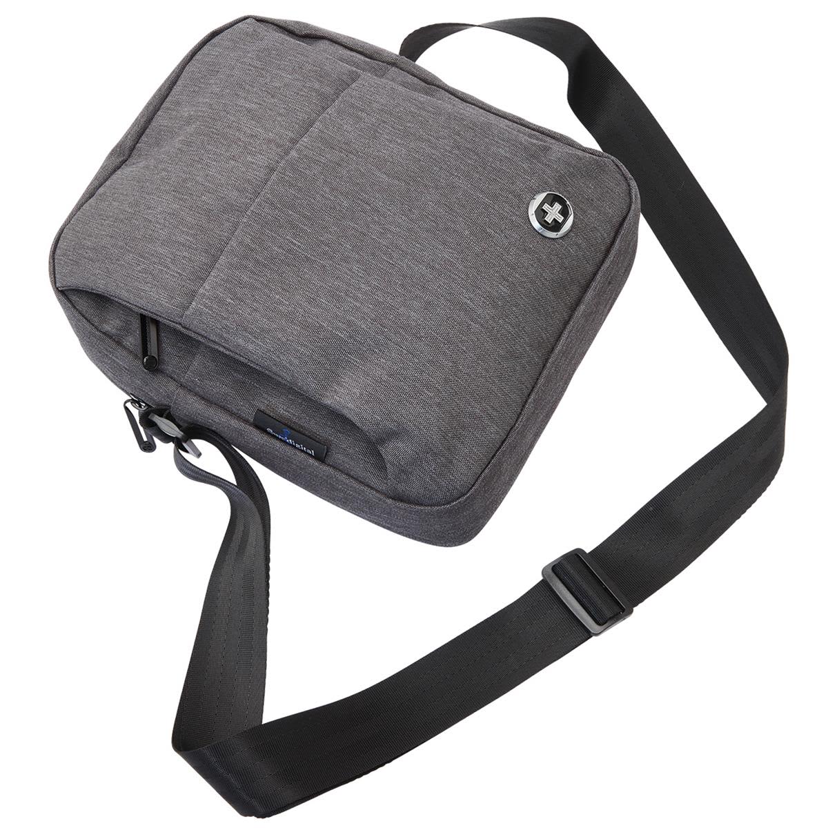 A grey shoulder bag with a shoulder strap and a logo, featuring a zippered compartment.