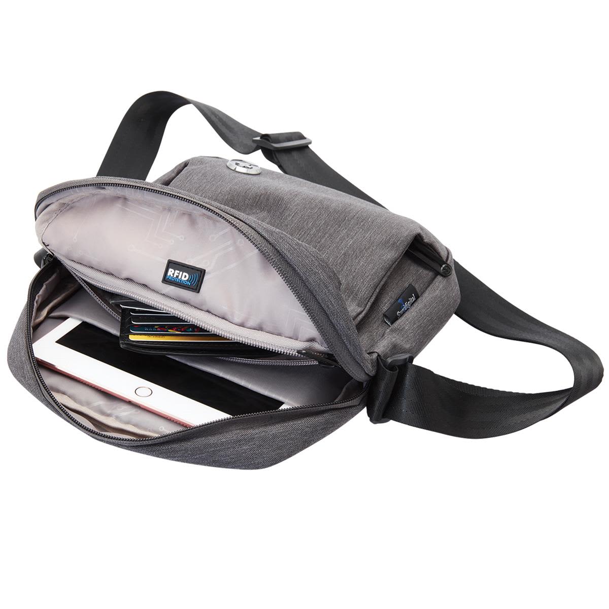 A grey shoulder bag with an open compartment containing a tablet, cards, and an RFID pocket.
