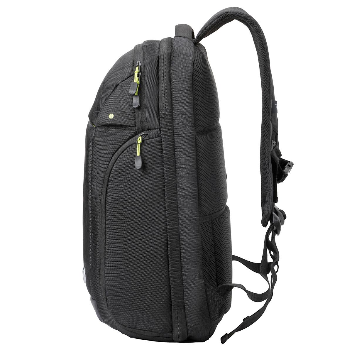 A sleek black backpack with mesh side pockets and zippers, featuring adjustable shoulder straps and a branding logo.