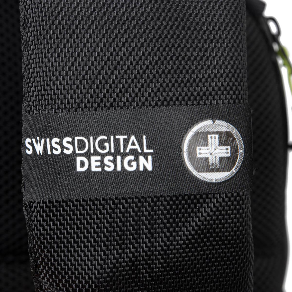 A close-up of a black backpack featuring a logo and textured fabric. The design is sleek and modern.