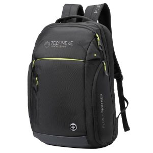 A sleek black backpack with green accents and multiple zippered compartments, featuring a logo on the front.