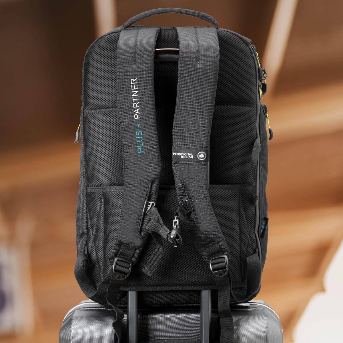A black Swissdigital Java Backpack with padded shoulder straps, featuring multiple pockets and a logo.