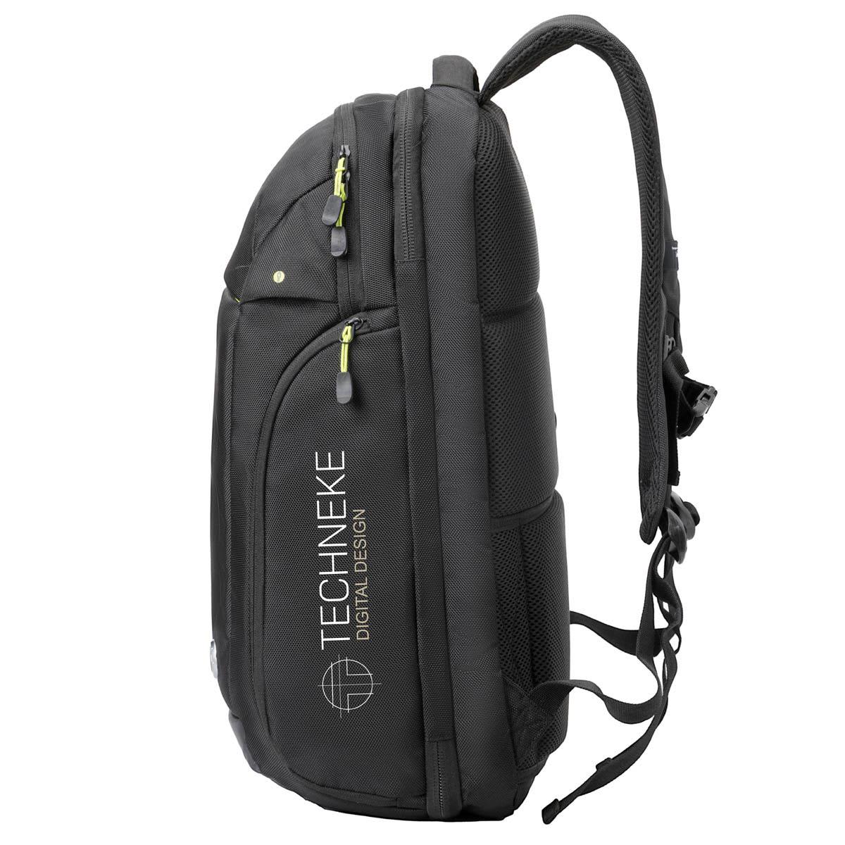 A black backpack featuring adjustable straps and a logo, designed for digital needs.