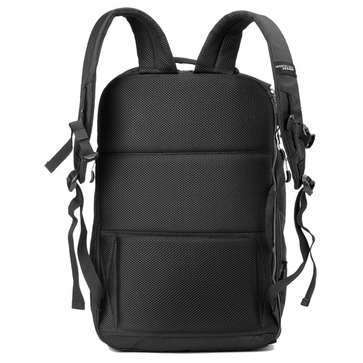A black Swissdigital Java Backpack with padded straps and multiple compartments. It features a logo on the front.