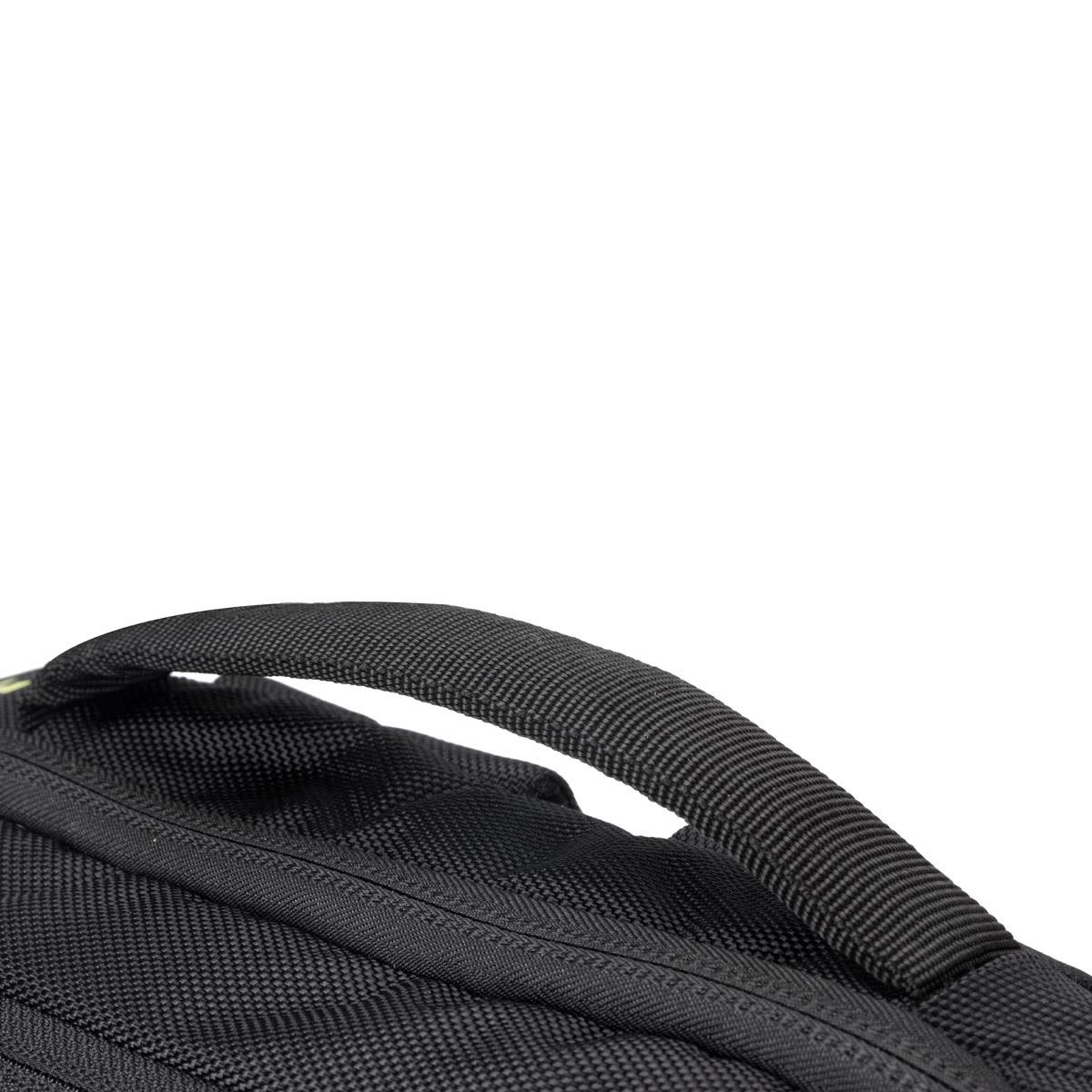 A close-up of a black backpack featuring a sturdy handle and textured fabric. It has a logo visible on it.