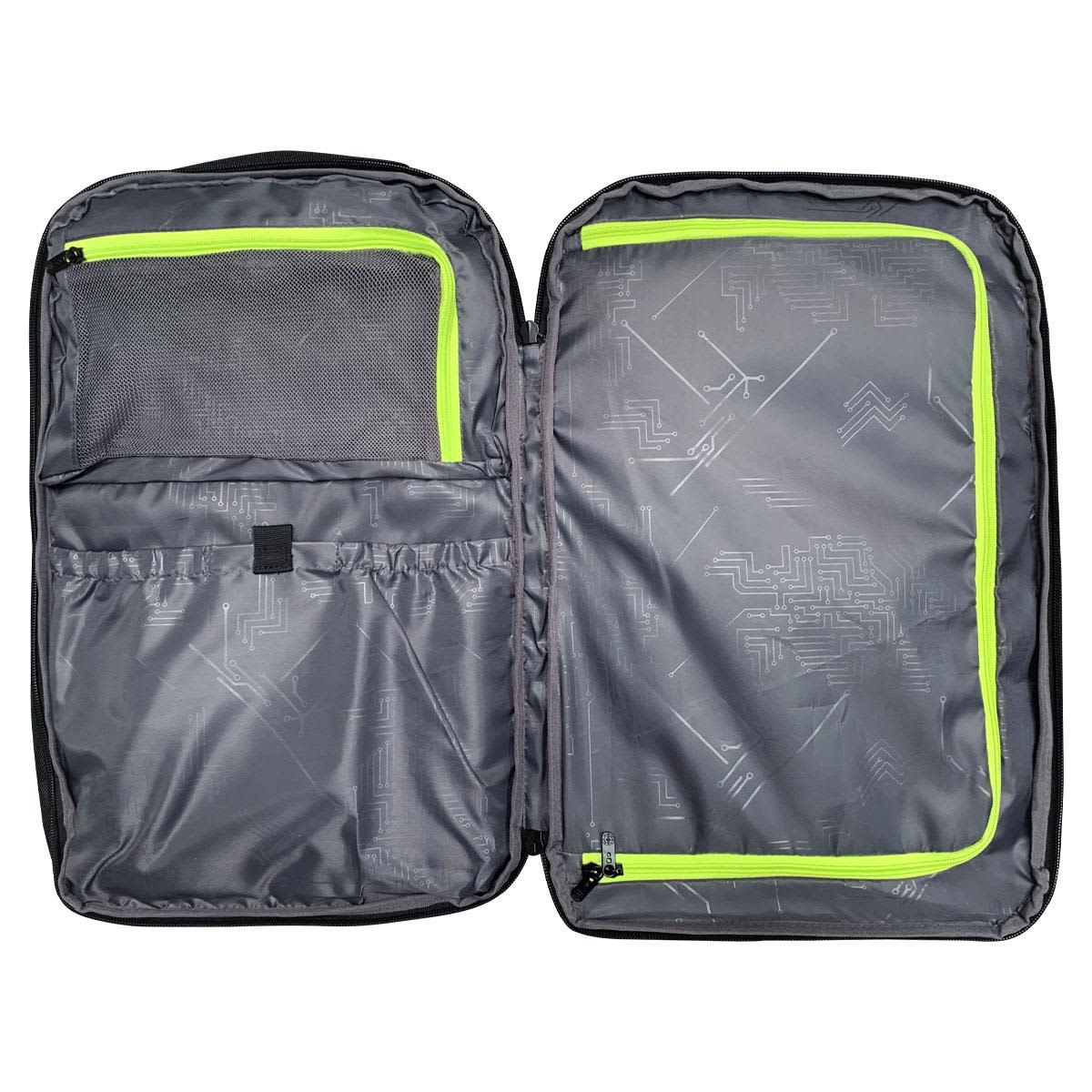 A grey backpack interior featuring mesh and zipped compartments, highlighted by lime green accents.