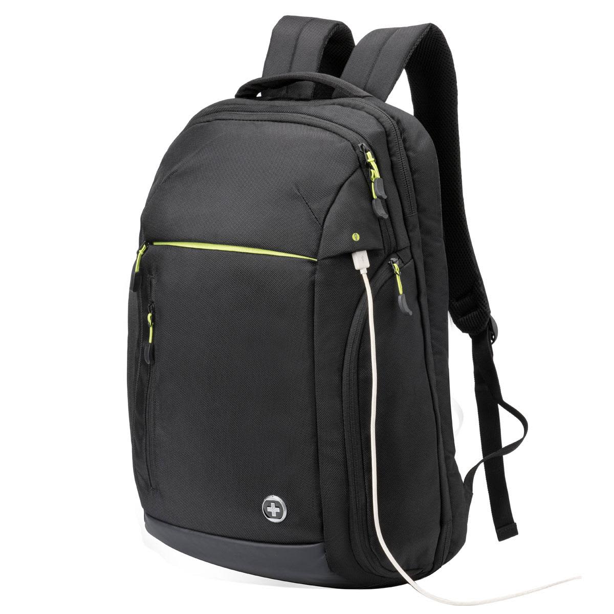 A black backpack with green zippers, featuring multiple compartments and a logo.
