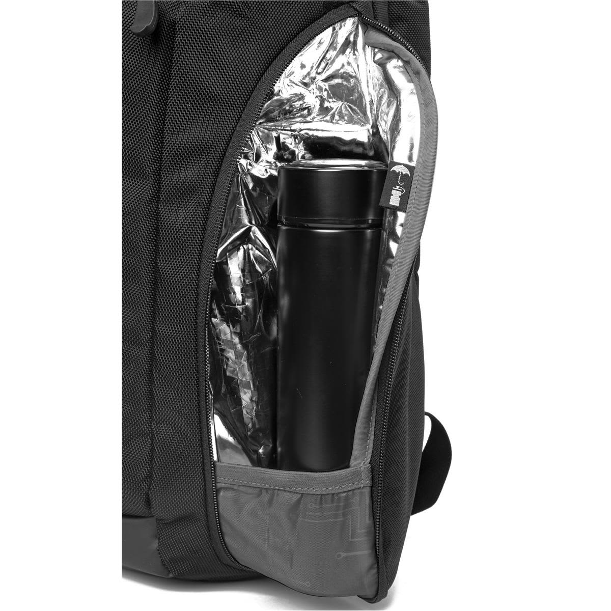 A black backpack with a thermal-lined compartment containing a black drink bottle. The backpack has a logo.