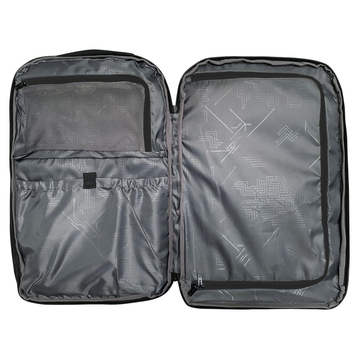 A grey backpack opened to display its interior compartments and pockets. It features a logo on the exterior.