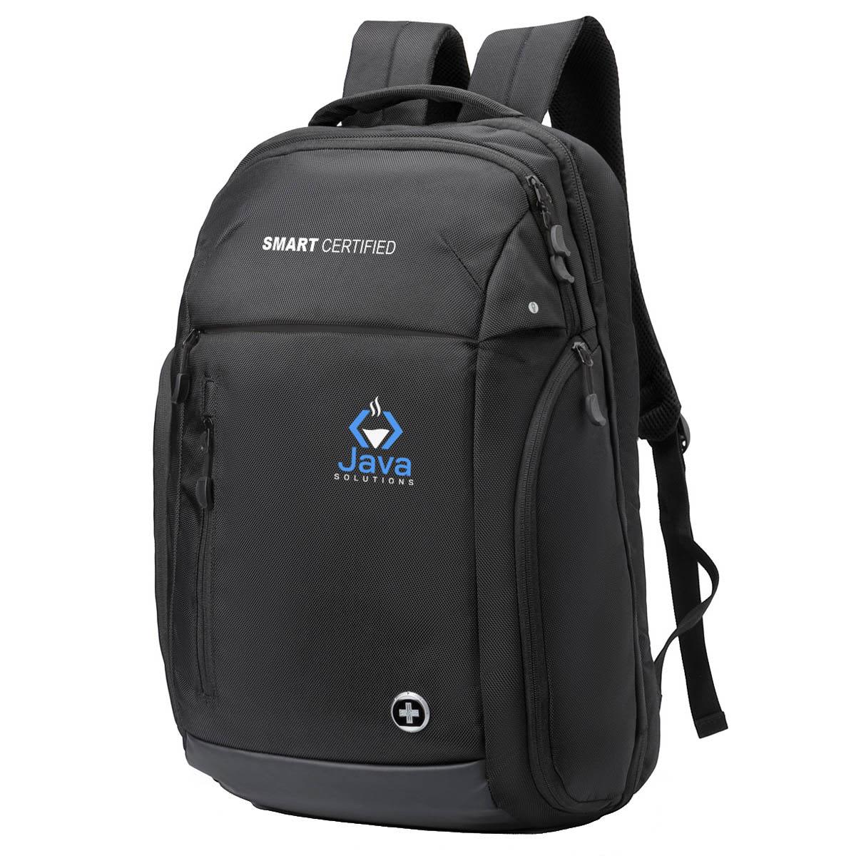 A black backpack featuring a logo, multiple pockets, and padded shoulder straps.