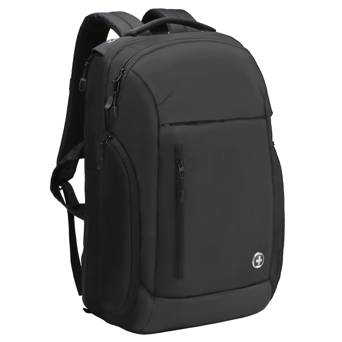 A black backpack with multiple zippers and a logo, featuring adjustable straps and a sleek design.