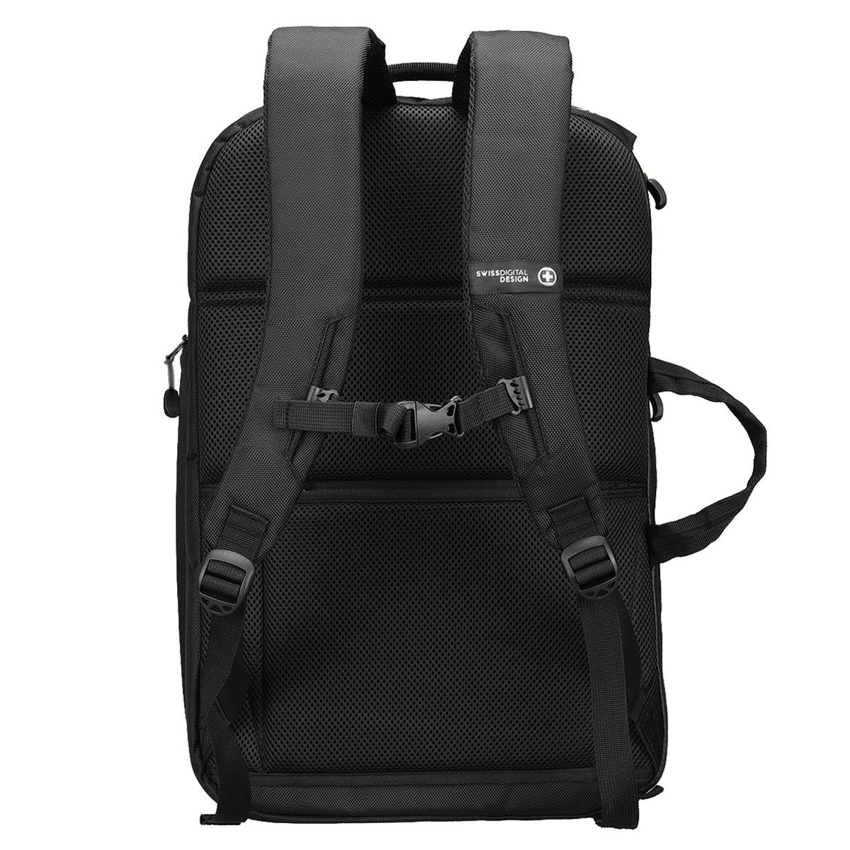 A black backpack with padded straps and a mesh back panel, featuring a logo and adjustable buckles.