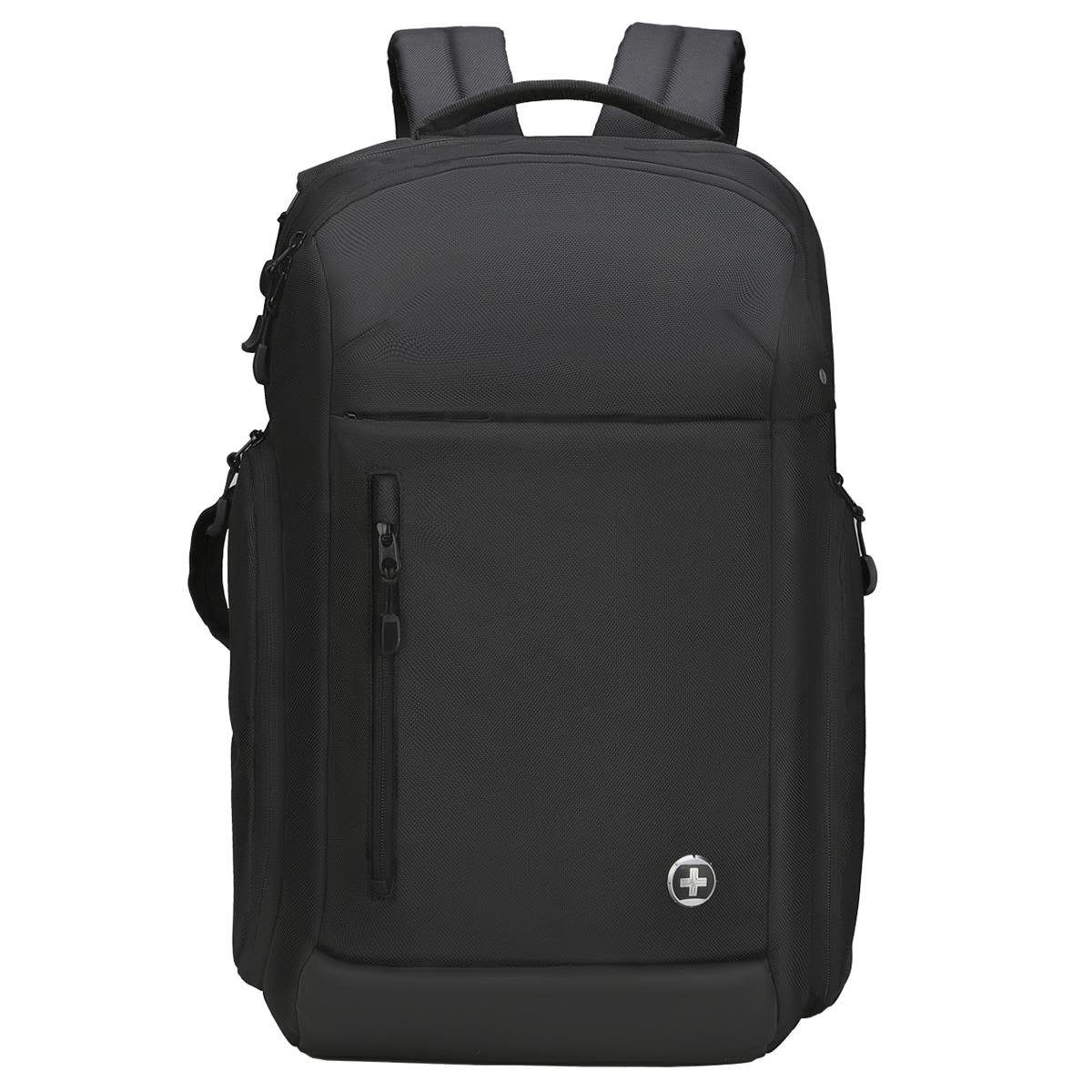 A black backpack with multiple compartments and a logo, featuring adjustable shoulder straps and a sleek design.