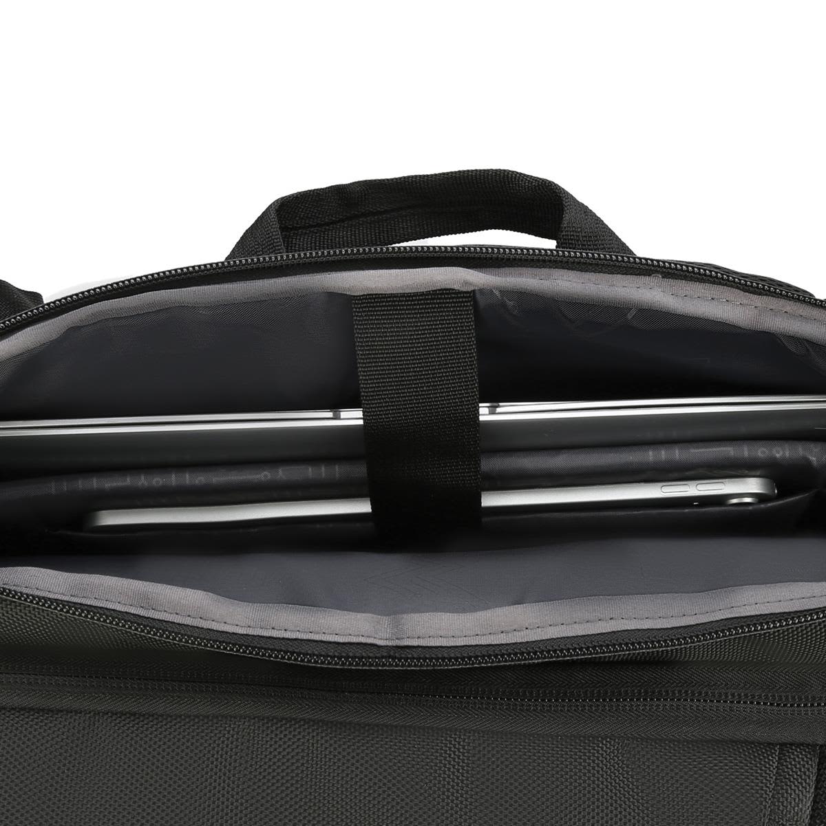 A black backpack interior featuring a sleek laptop compartment and grey lining. It includes a brand logo.