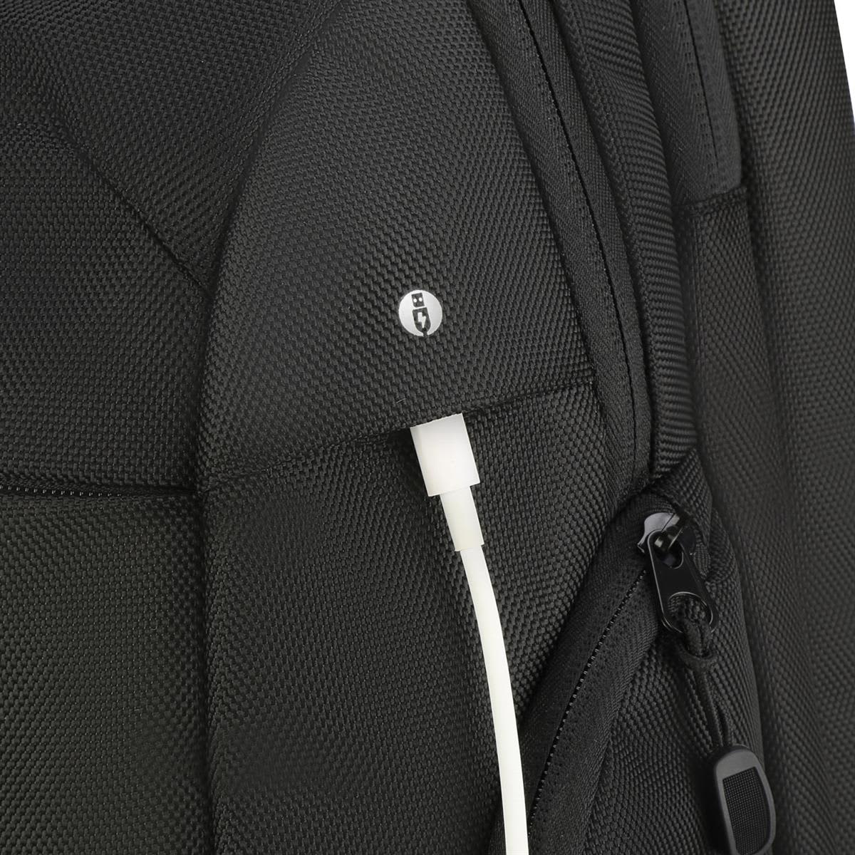 A black backpack featuring a textured surface and an external charging port with a white cable.