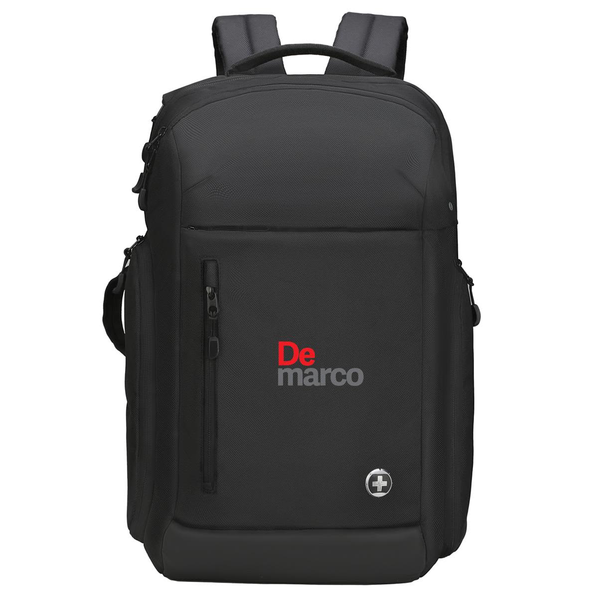 A black backpack with multiple compartments and padded shoulder straps, featuring a logo on the front.