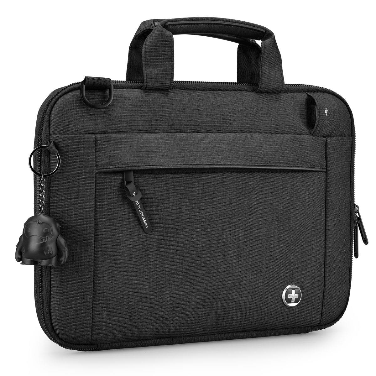A black laptop sleeve with dual handles, a front zip pocket, and a keychain attachment. It features a logo on the front.