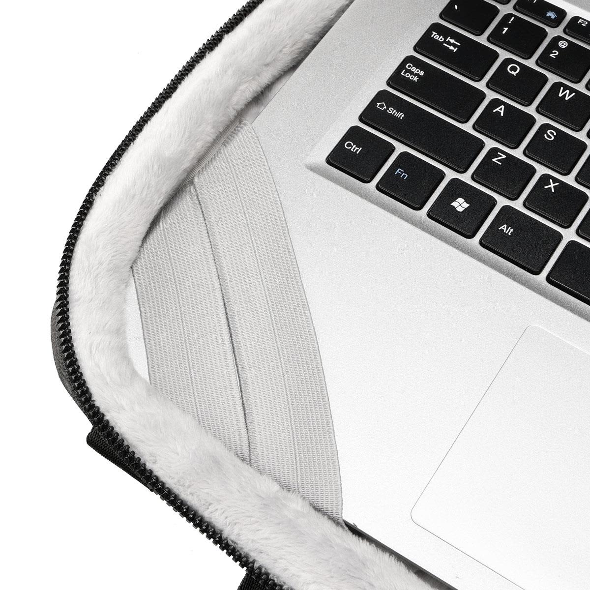 A laptop sleeve with a grey interior, featuring a soft lining and a zipper edge. It has a logo on the exterior.