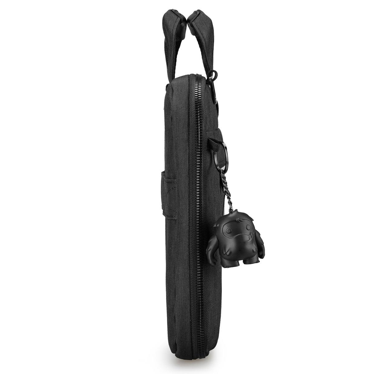 A black laptop sleeve with a zipper, featuring a charm attached to the side. It has two top handles for carrying.