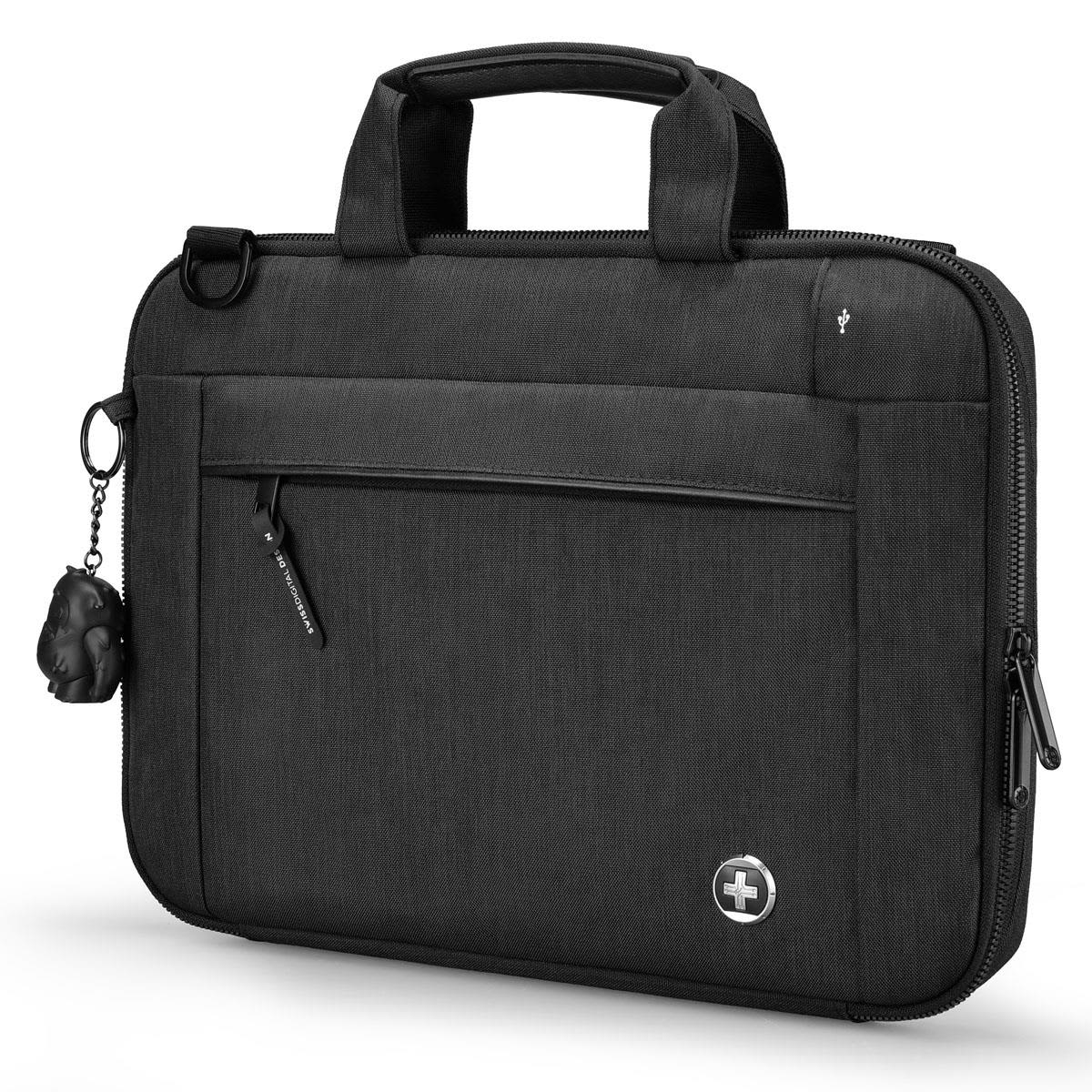 A black laptop sleeve with a handle and front pocket, featuring a logo and a small decorative charm.