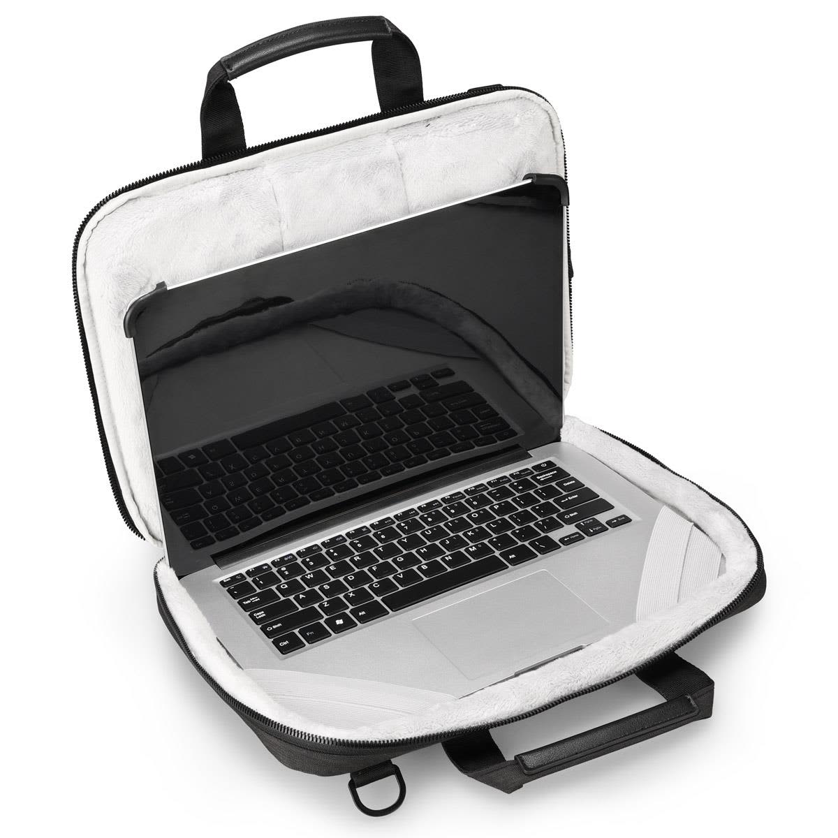 A laptop sleeve in black with a soft white interior, open to reveal a silver laptop inside. Contains a logo.