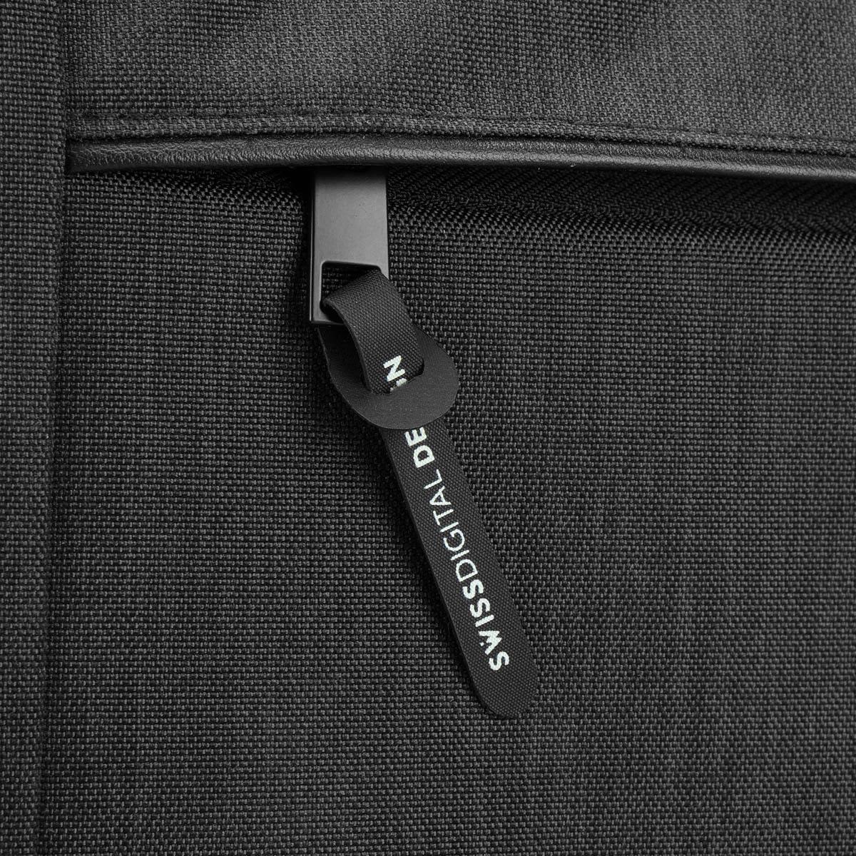 A black laptop sleeve featuring a zip pocket and a branded zip pull.