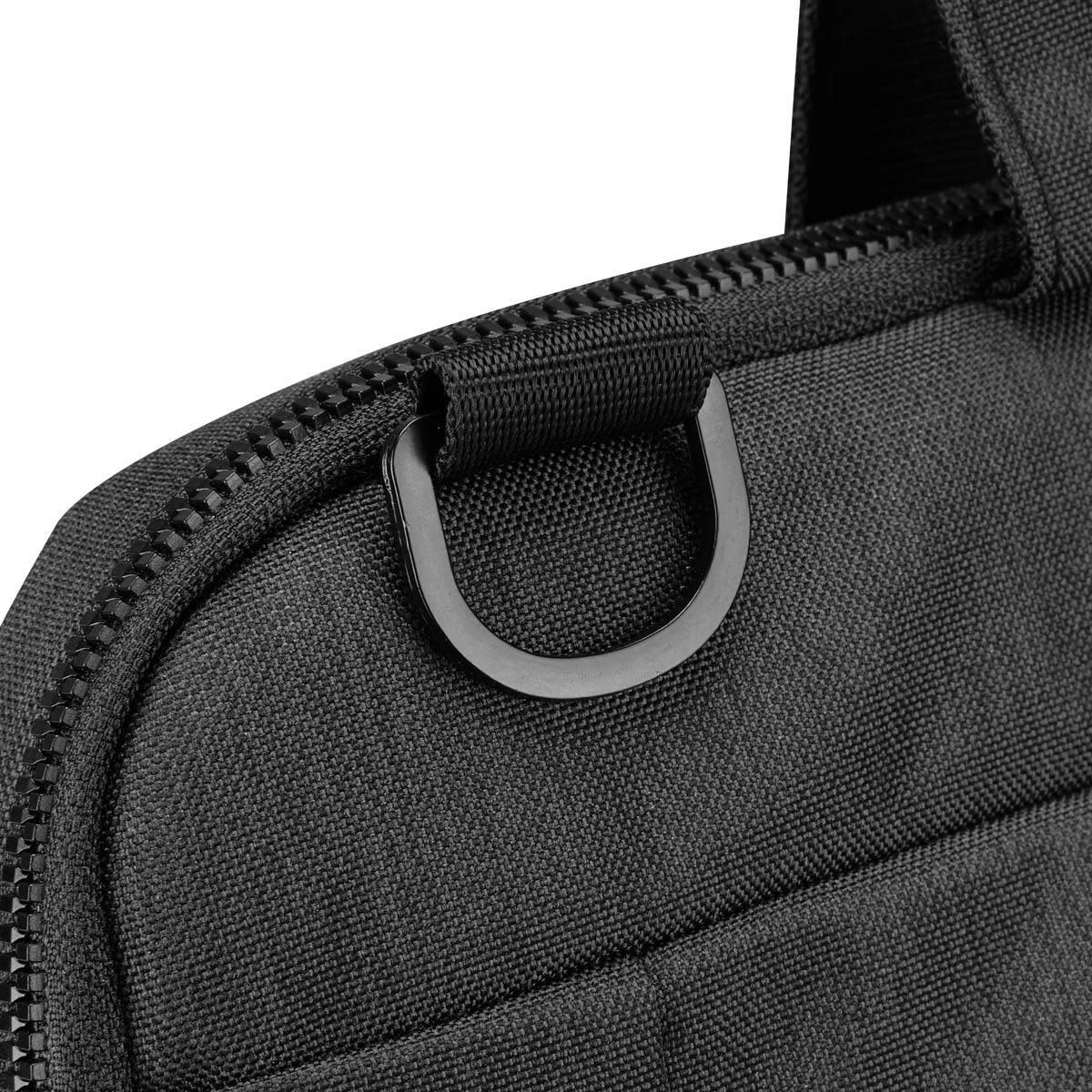 A black laptop sleeve featuring a zipper and a metal loop. The fabric has a textured finish.