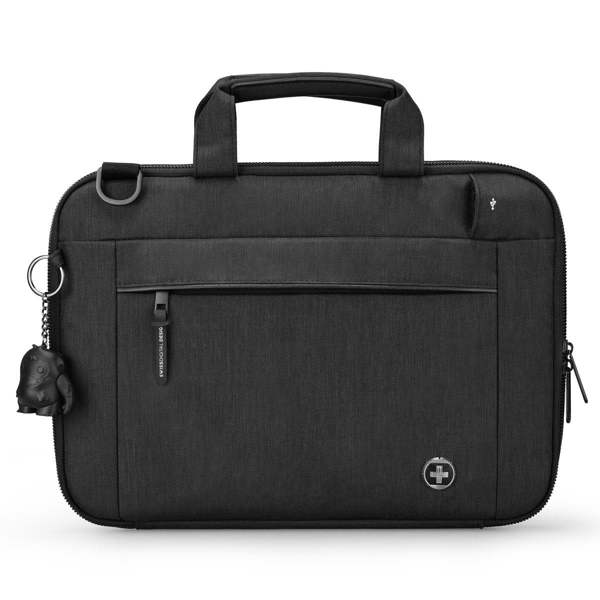 A black laptop sleeve with a zipped pocket, dual handles, and a small charm attached, featuring a logo.