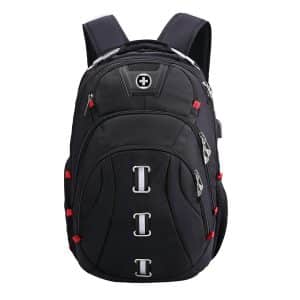 A black backpack featuring multiple zippers, silver accents, and a logo on the front. It has adjustable shoulder straps.