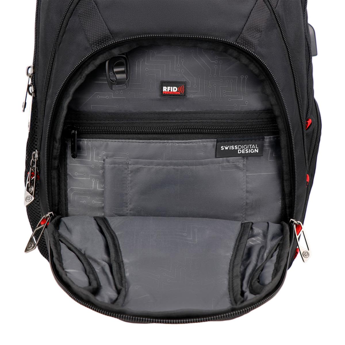 A black backpack interior featuring multiple compartments, including a zippered section and RFID protection.