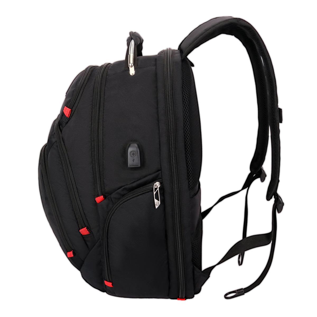 A black backpack with red accents, featuring multiple compartments and adjustable straps. It includes a branding logo.