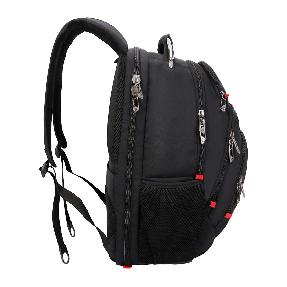 A black backpack featuring multiple zippered compartments, mesh pockets, and red accents. It includes a logo.