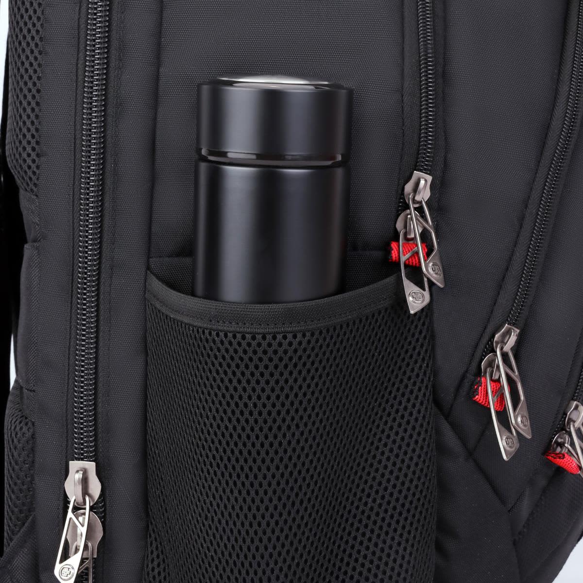 A black backpack featuring a side mesh pocket with a black drink bottle inside. The backpack has multiple zippers.