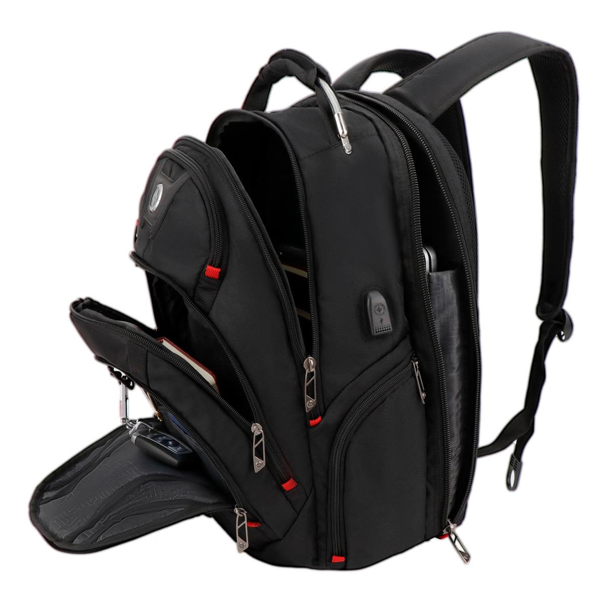 A black Swissdigital Pixel Backpack with multiple compartments and zippers, featuring an integrated logo.
