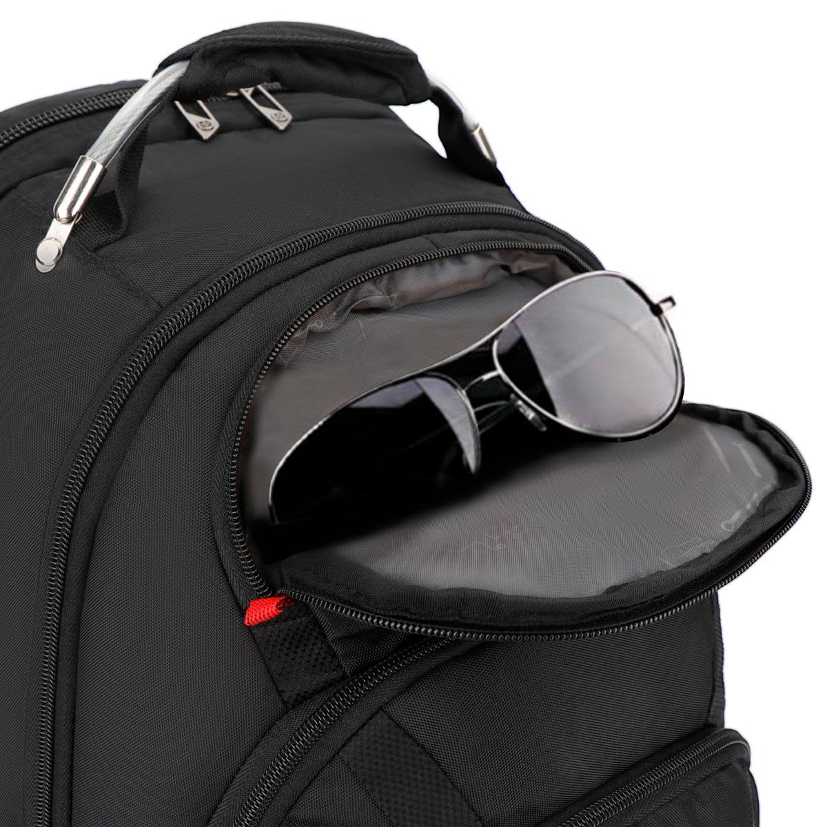 A black backpack featuring a front pocket with sunglasses inside. It has a sleek, modern design and a logo.