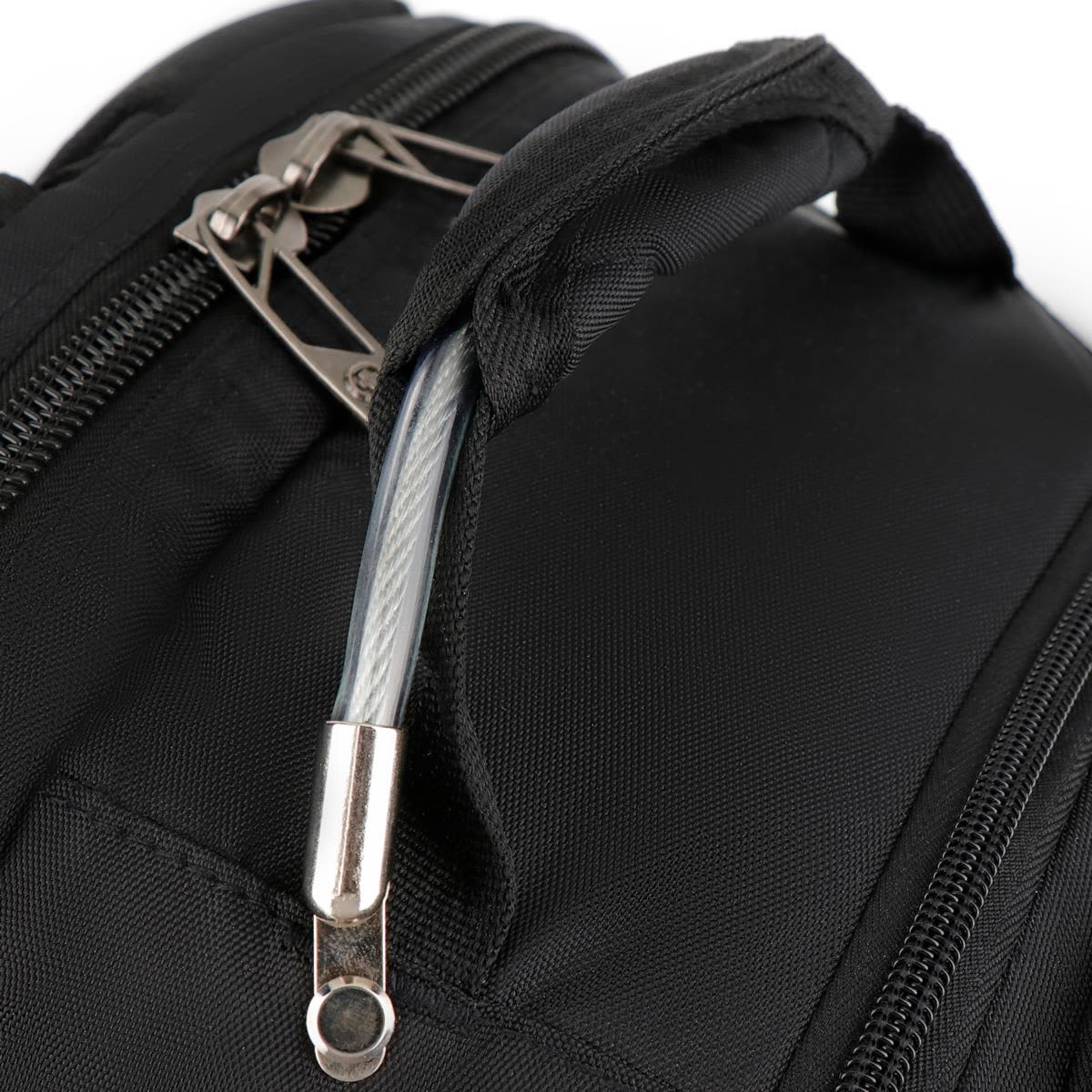 A black backpack featuring a sturdy handle and a metal zipper pull. It has branding on the exterior.