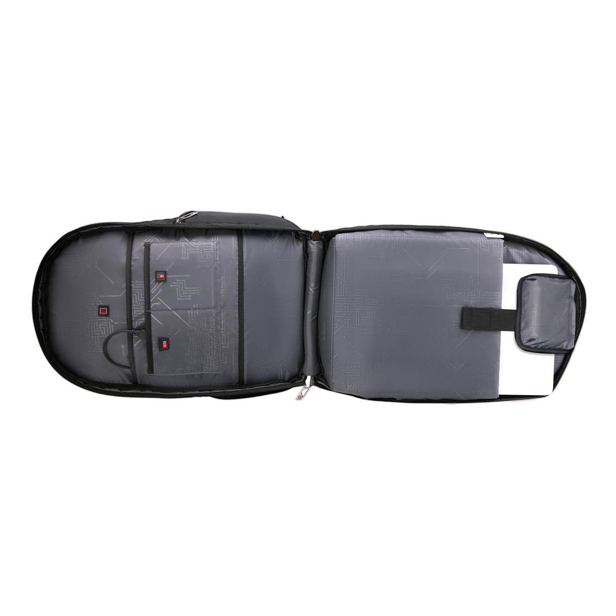 A black Swissdigital Pixel Backpack opened to display grey interior compartments and pockets, with a logo present.