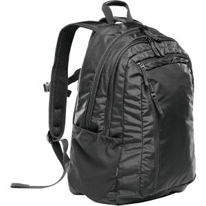 A black laptop bag with multiple pockets and adjustable straps, featuring a sleek design and a logo.