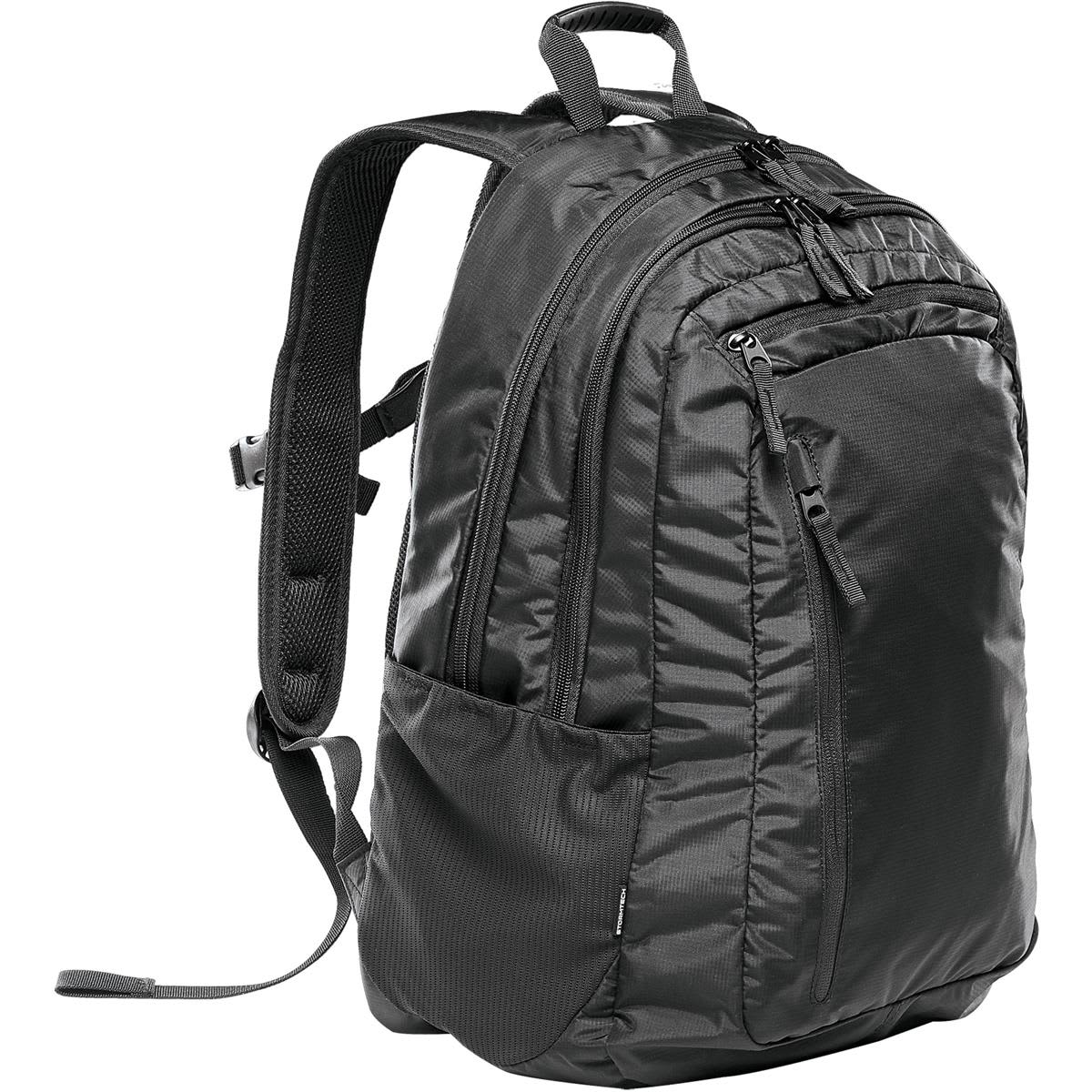 A black laptop bag with multiple pockets and adjustable straps, featuring a sleek design and a logo.