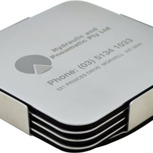 A set of silver coasters stacked together, featuring a sleek design with a logo and contact information.